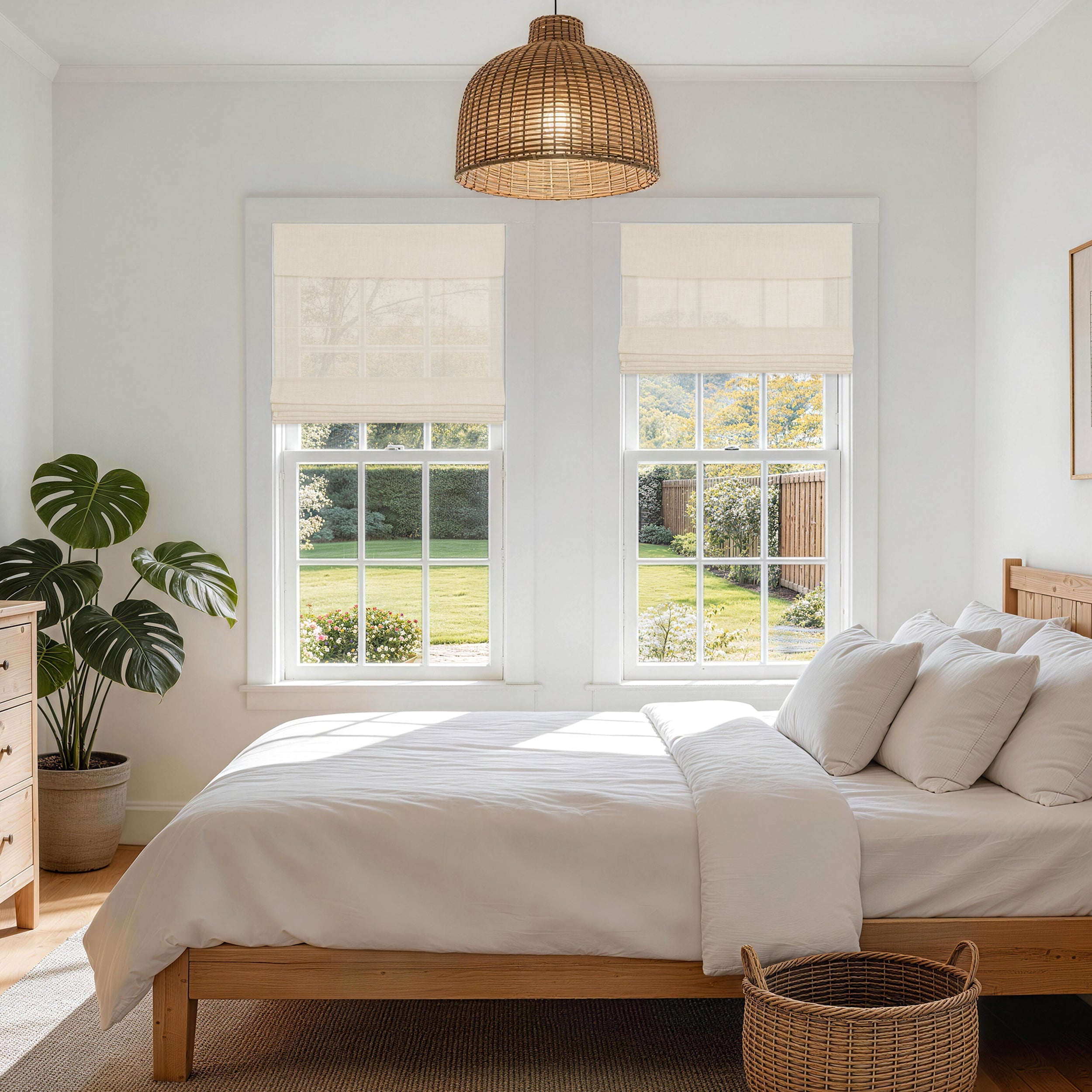 No Drill Light Filtering Natural Linen Roman Shades | Farmhouse